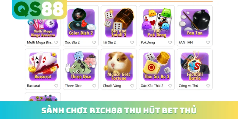 Sảnh chơi Rich88 thu hút bet thủ